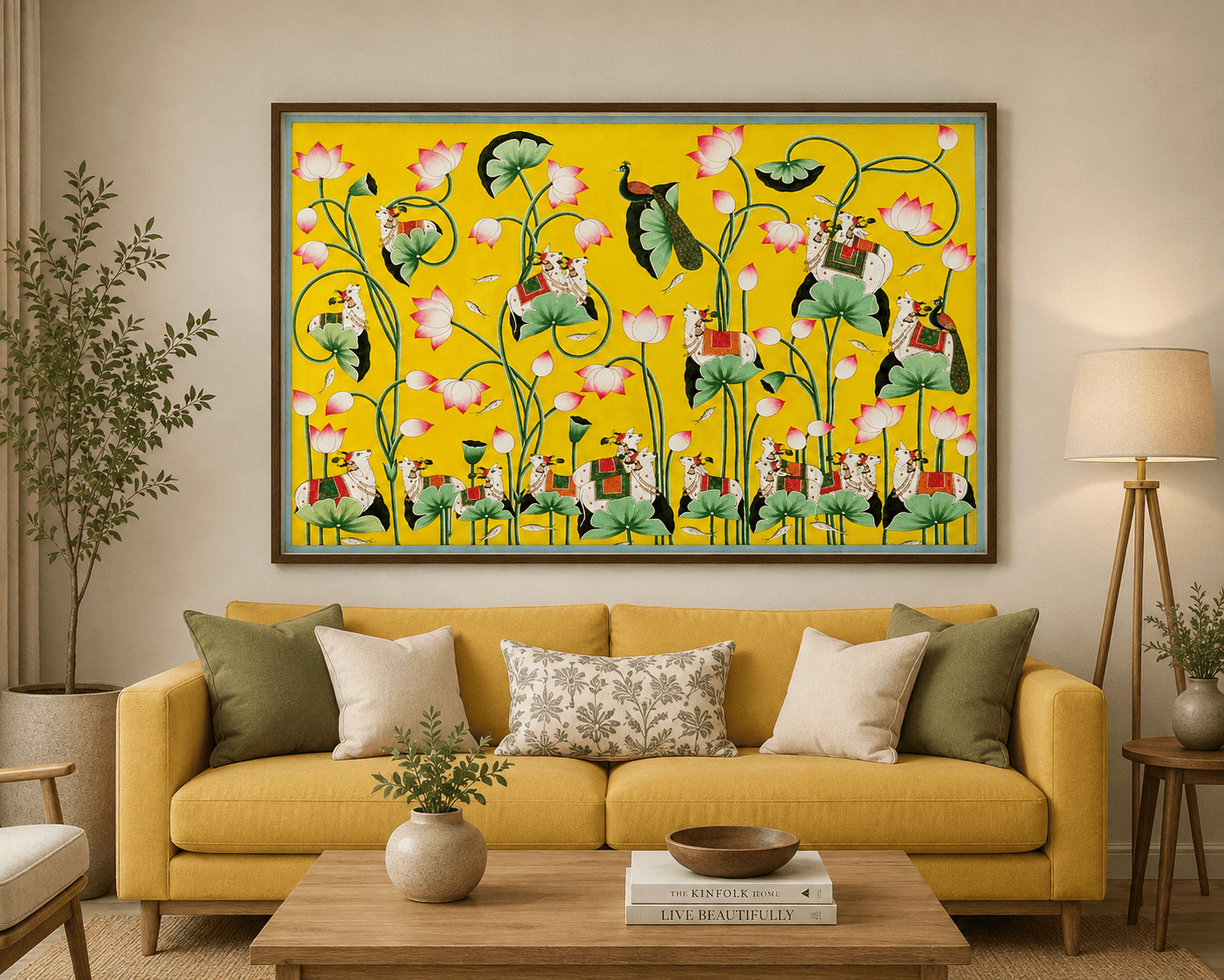 Lotus Pichwai Painting with Cows & Peacock